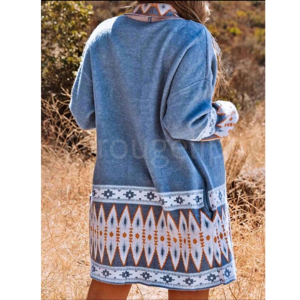 Blue Cardigan Aztec Western Bohemian Print Knit Long Sleeve - Picture 6 of 16